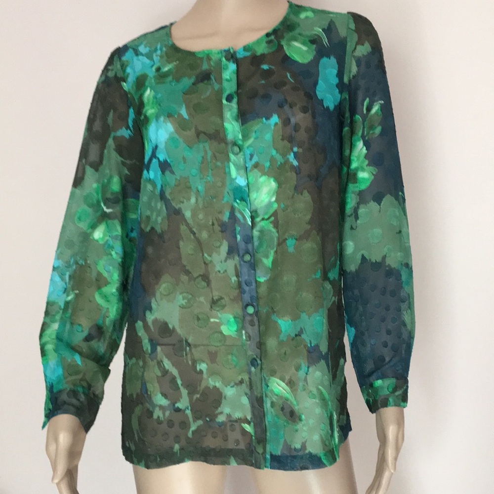 Silky Sheer Floral Women's Blouse Green and Blue